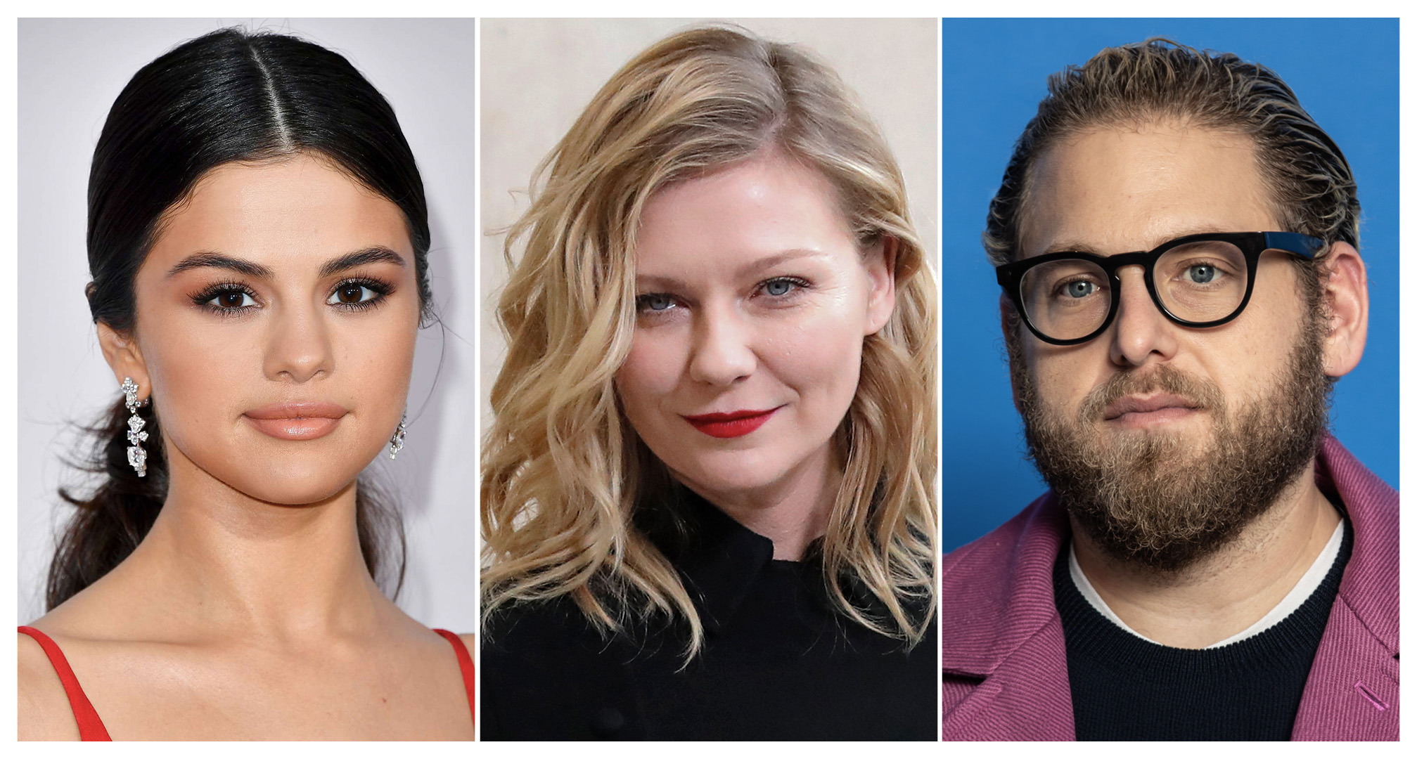 collage con selena gomez, kirsten dunst e jonah hill