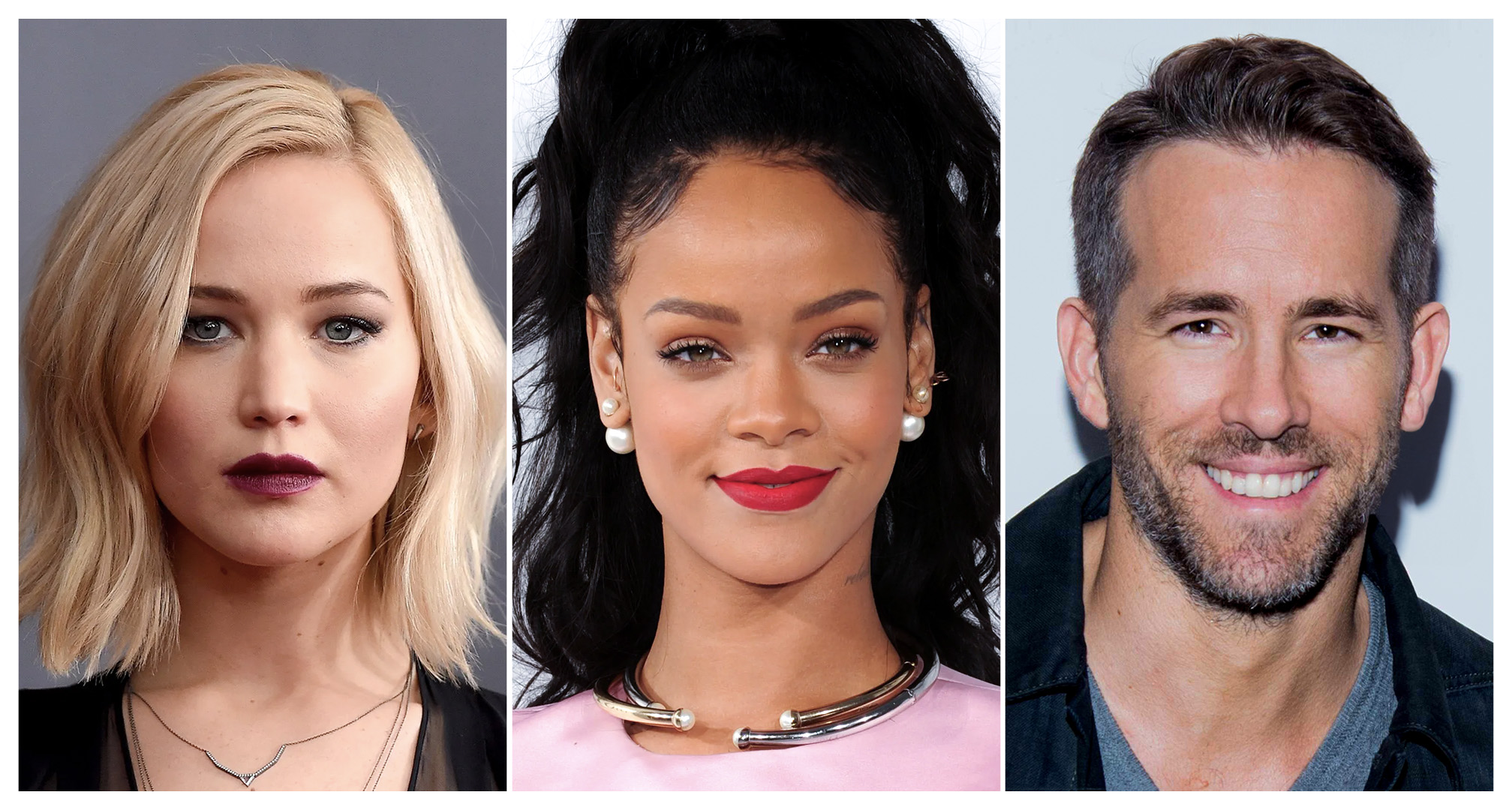 collage con jennifer lawrence, rihanna e ryan reynolds