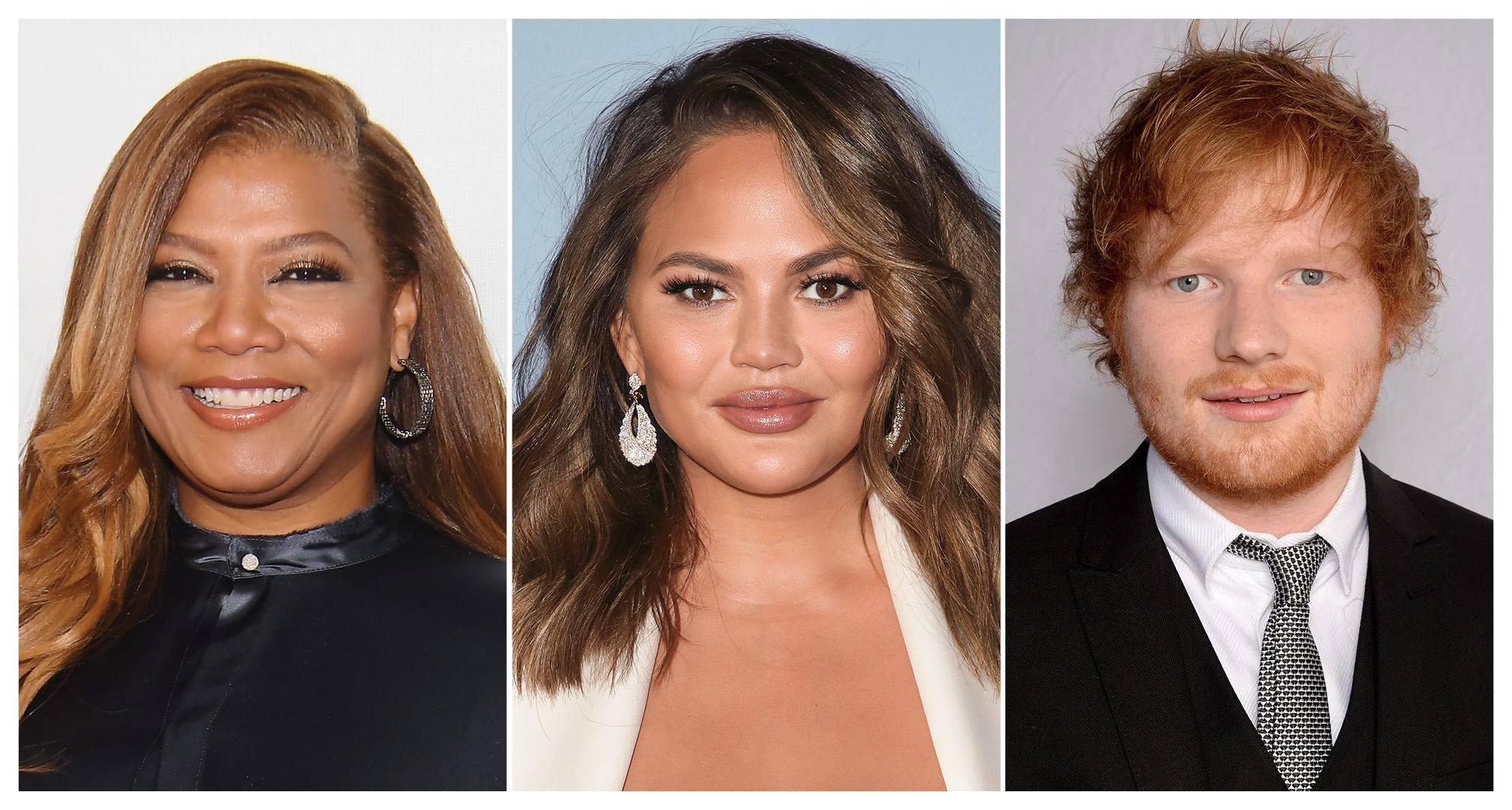 collage di foto di queen latifah, chrissy teigen e ed sheeran.