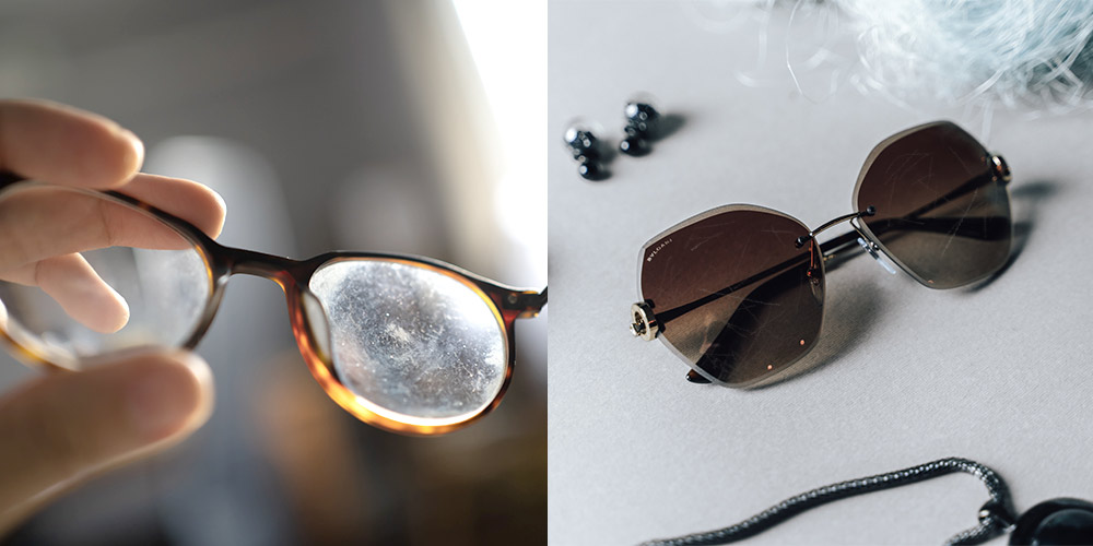 due immagini di occhiali da vista e da sole con lenti graffiate