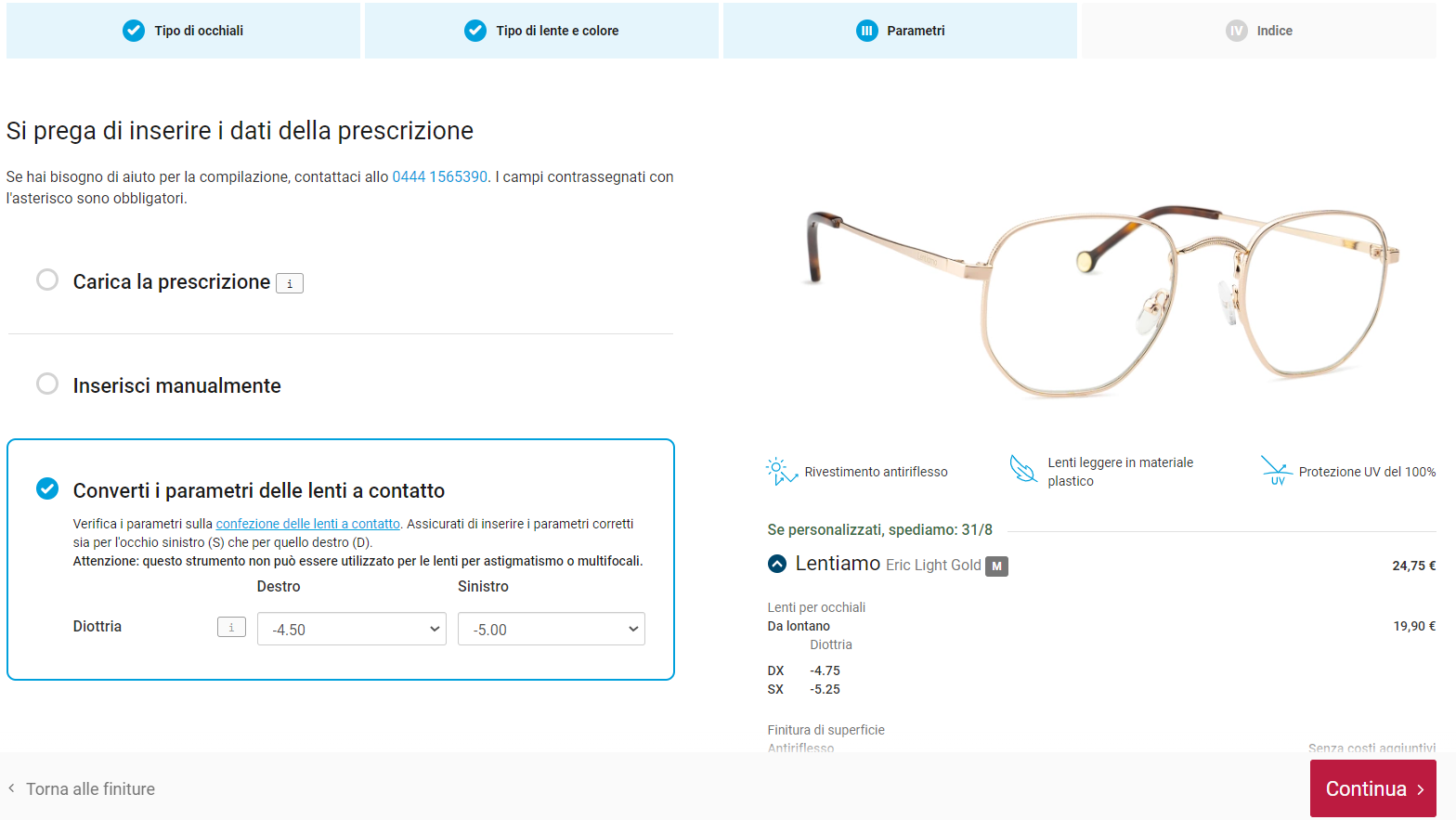 schermata del calcolatore di conversione parametri da lenti a contatto a occhiali durante l'ordine